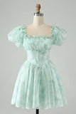 Light Green A Line Square Neck Floral Ruffle Short Prom Dress