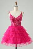 Hot Pink A Line Spaghetti Straps Tulle Tiered Short Prom Dress