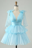 Sky Blue A Line V Neck Pleated Tiered Short Prom Dress