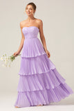 Lilac A-Line Sweetheart Pleated Tiered Strapless Bridesmaid Dress