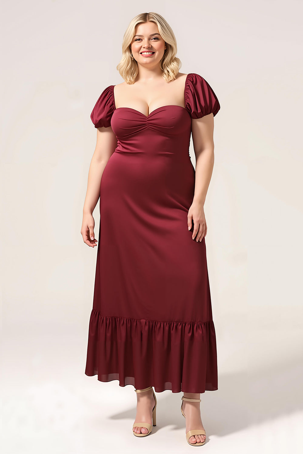 Sweetheart Burgundy Bridesmaid Dress with Puff Sleeves