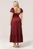 Sweetheart Burgundy Bridesmaid Dress with Puff Sleeves