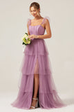 Purple Detachable Straps A Line Tiered Bridesmaid Dress with Slit