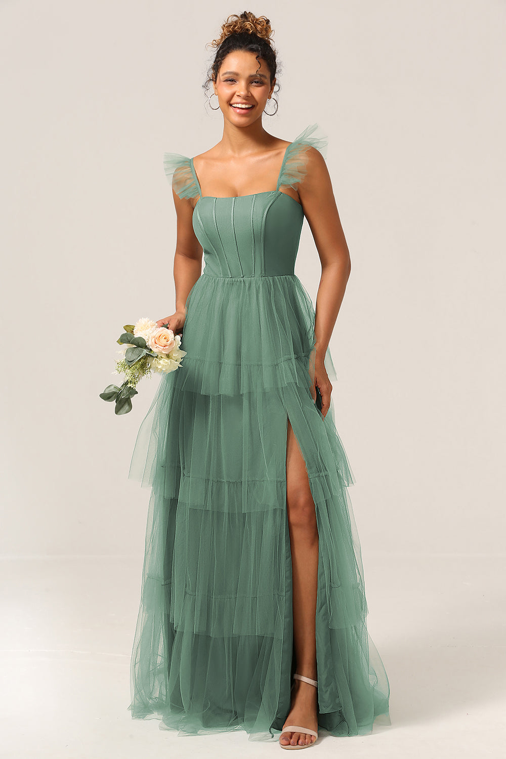 A Line Spaghetti Straps Long Tulle Eucalyptus Bridesmaid Dress