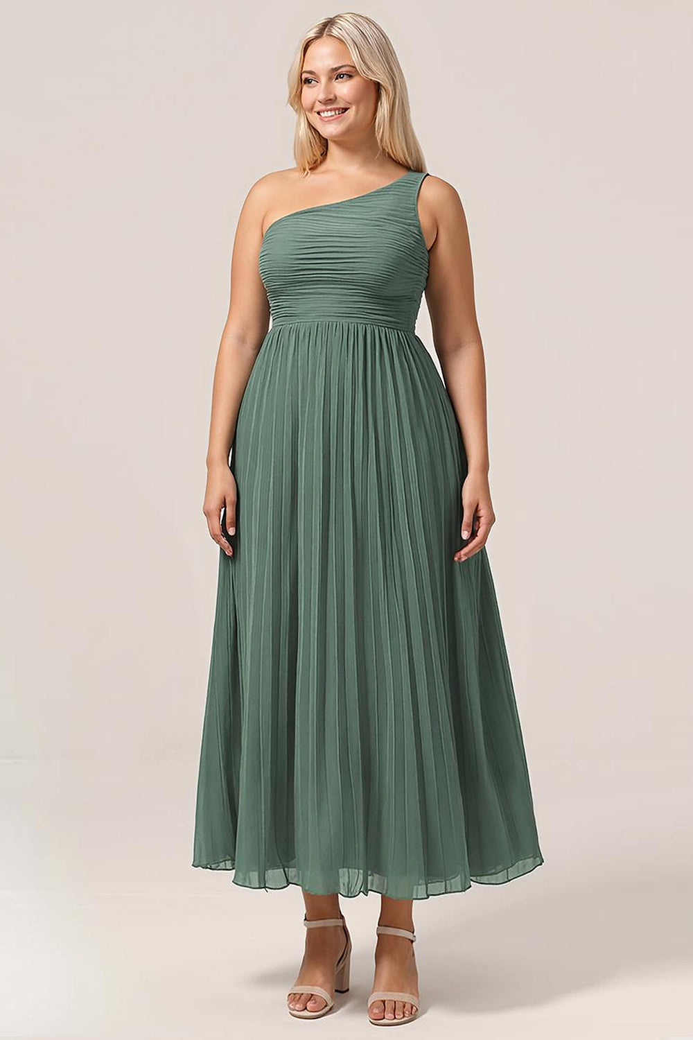 A Line One Shoulder Eucalyptus Long Bridesmaid Dress with Ruched
