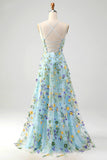 Blue Flower A Line Corset Embroidered Floral Prom Dress with Slit