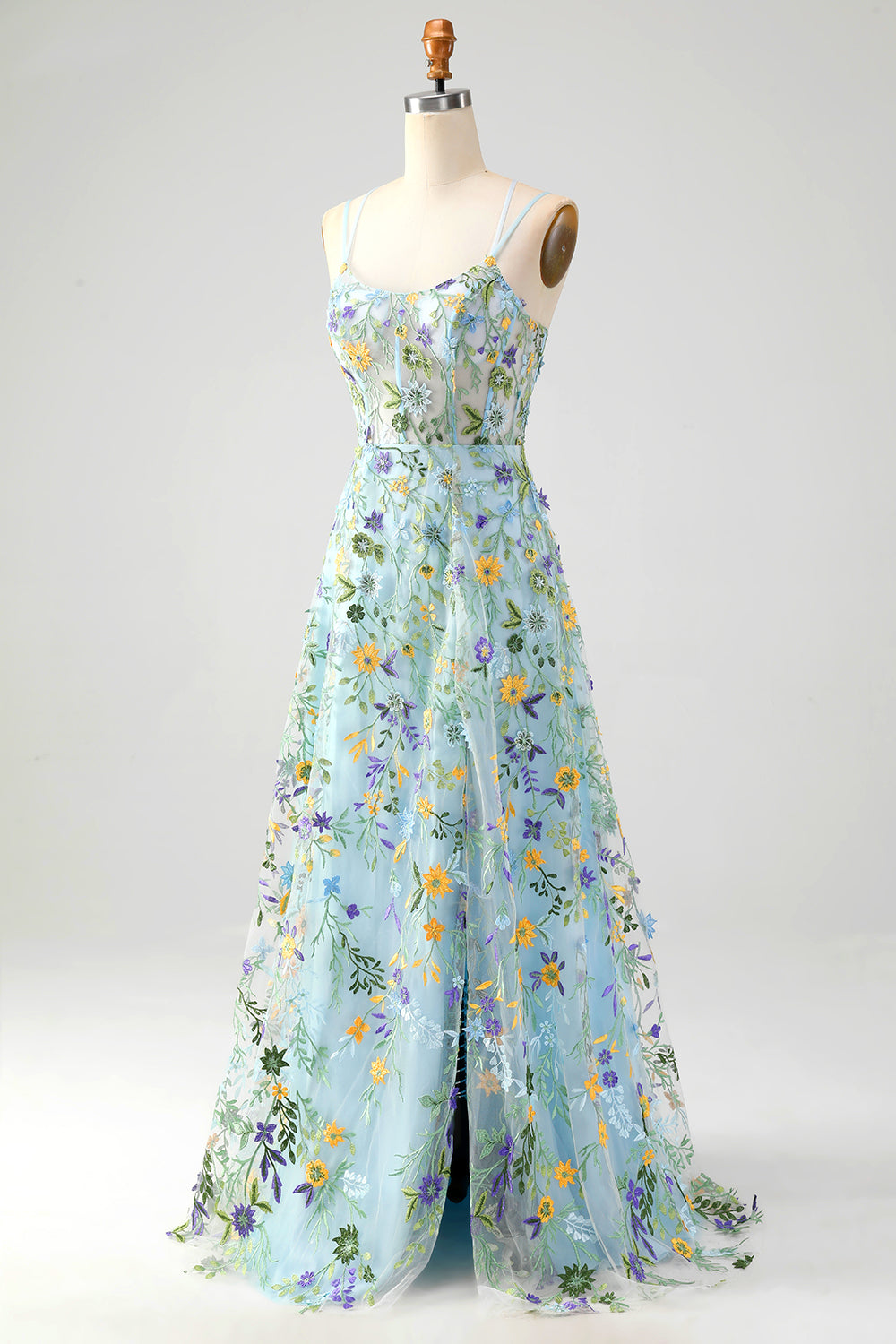 Blue Flower A Line Corset Embroidered Floral Prom Dress with Slit