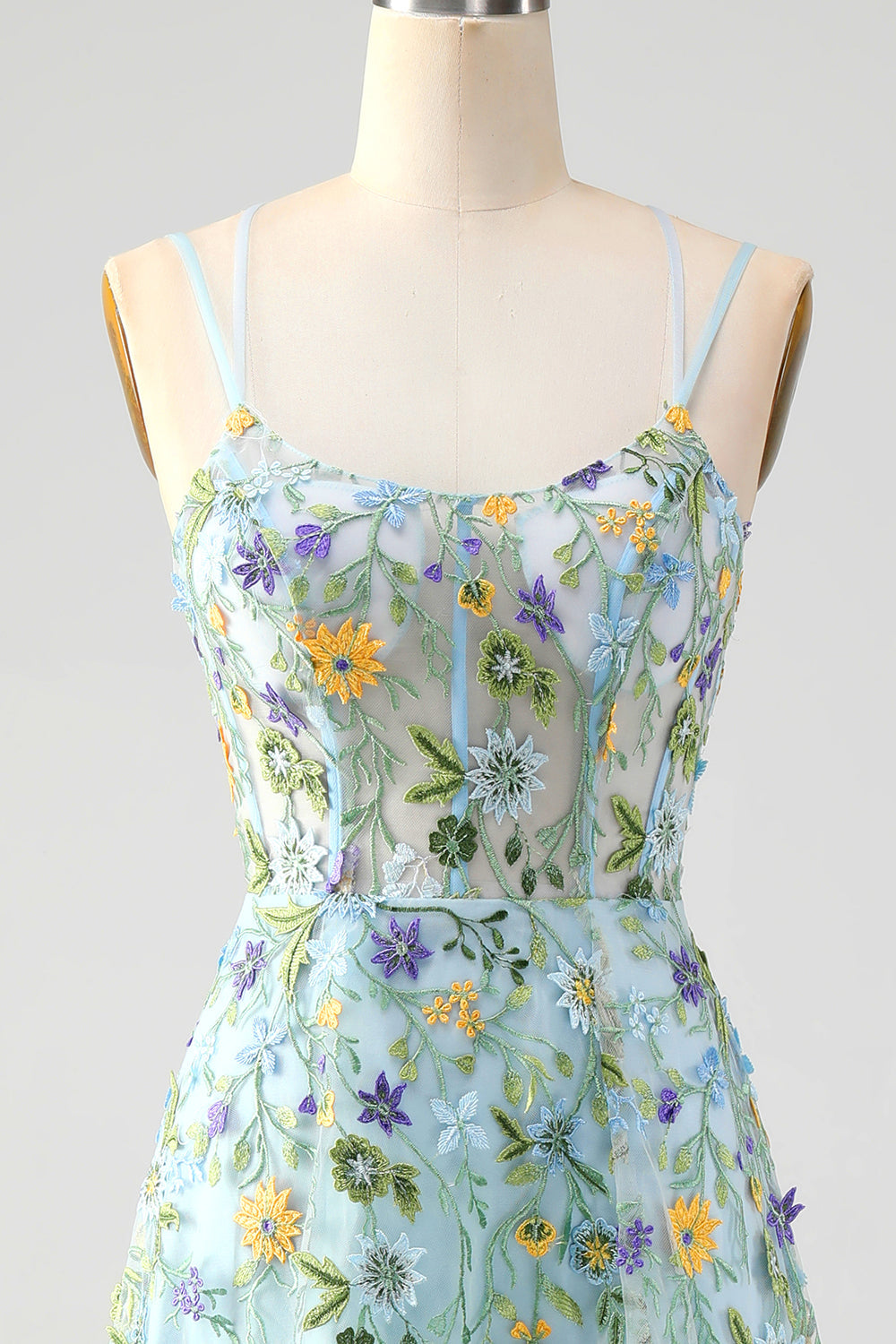 Blue Flower A Line Corset Embroidered Floral Prom Dress with Slit