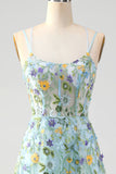 Blue Flower A Line Corset Embroidered Floral Prom Dress with Slit