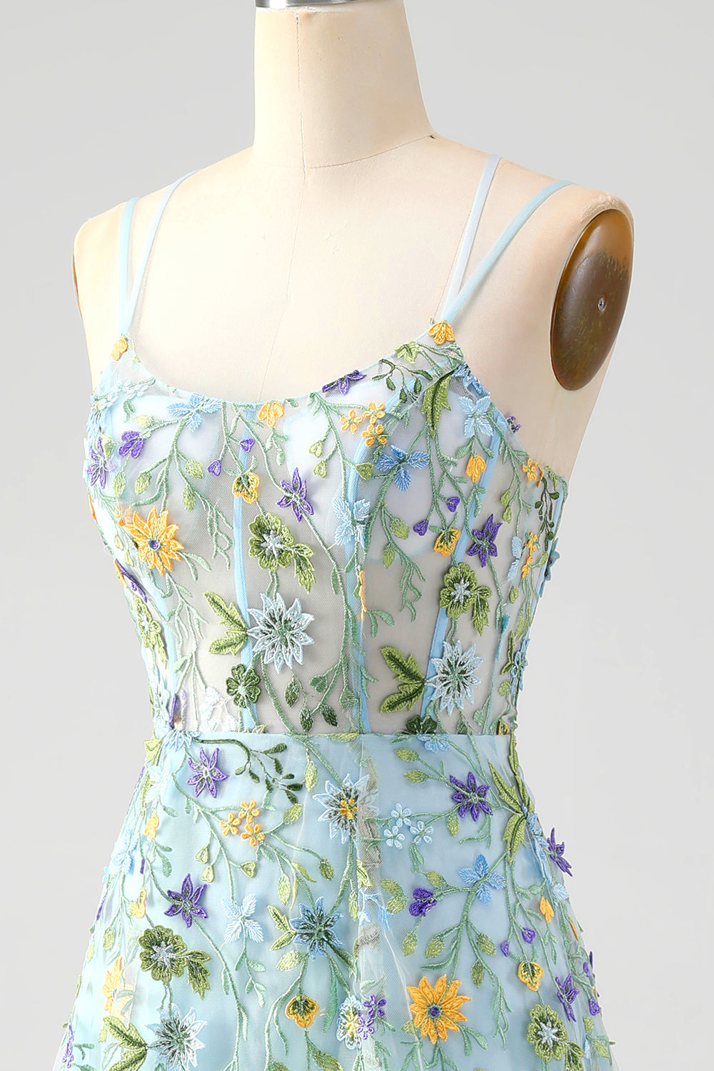 Blue Flower A Line Corset Embroidered Floral Prom Dress with Slit