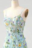 Blue Flower A Line Corset Embroidered Floral Prom Dress with Slit
