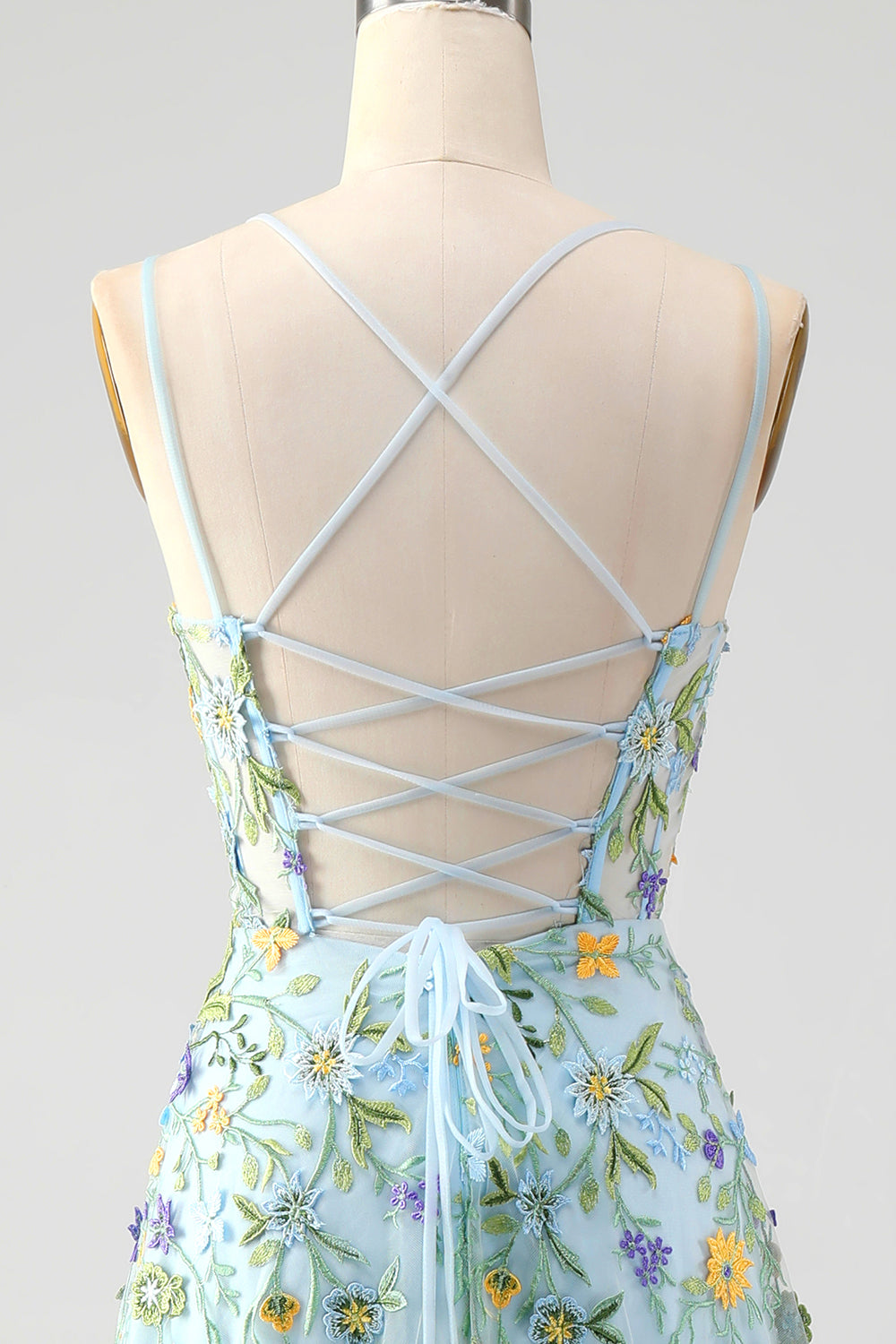 Blue Flower A Line Corset Embroidered Floral Prom Dress with Slit