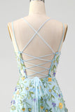 Blue Flower A Line Corset Embroidered Floral Prom Dress with Slit