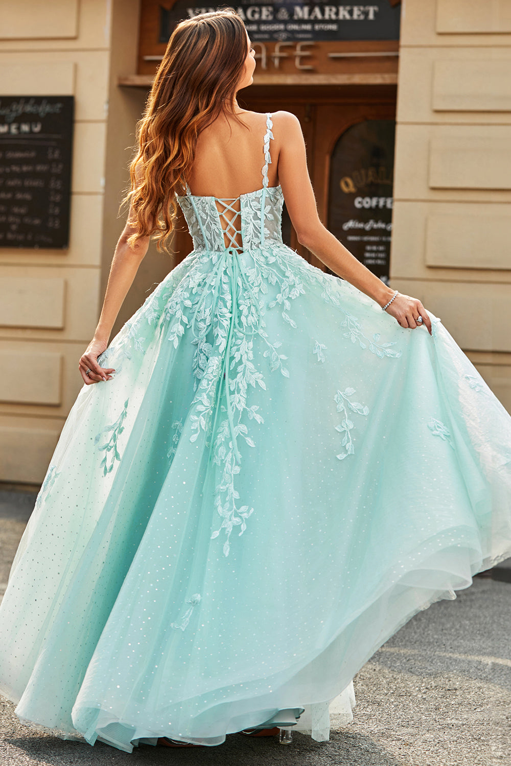 Mint A Line Tulle Spaghetti Straps Long Prom Dress With Appliques