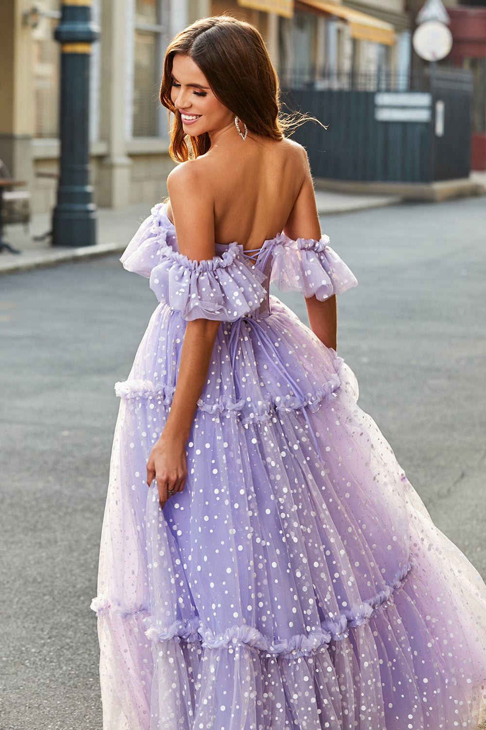 Lilac Tulle A Line Off the Shoulder Long Corset Prom Dress