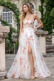 Ivory Sweetheart Embroidered Long Corset Prom Dress with Slit