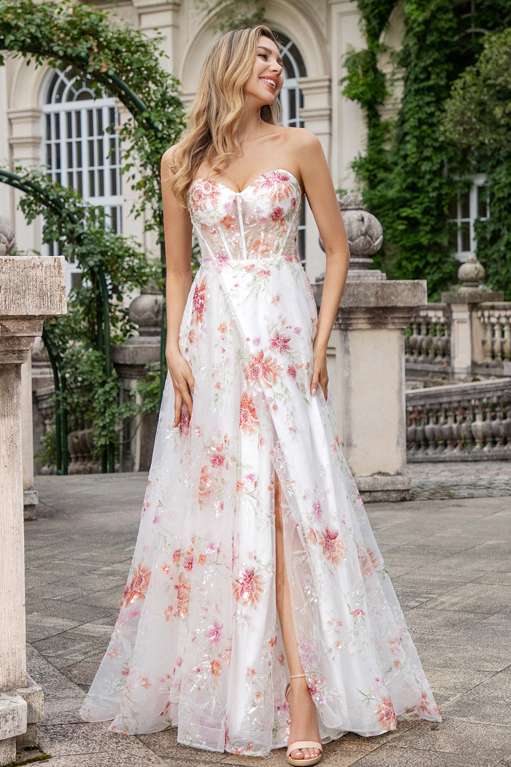 Ivory Flower Embroidered Long Corset Prom Dress with Slit