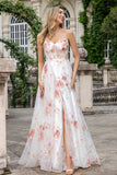 Ivory Flower Embroidered Long Corset Prom Dress with Slit
