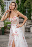 Ivory Flower Embroidered Long Corset Prom Dress with Slit