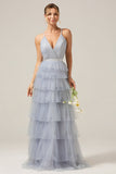 A Line Tiered Tulle Backless Grey Blue Bridesmaid Dress