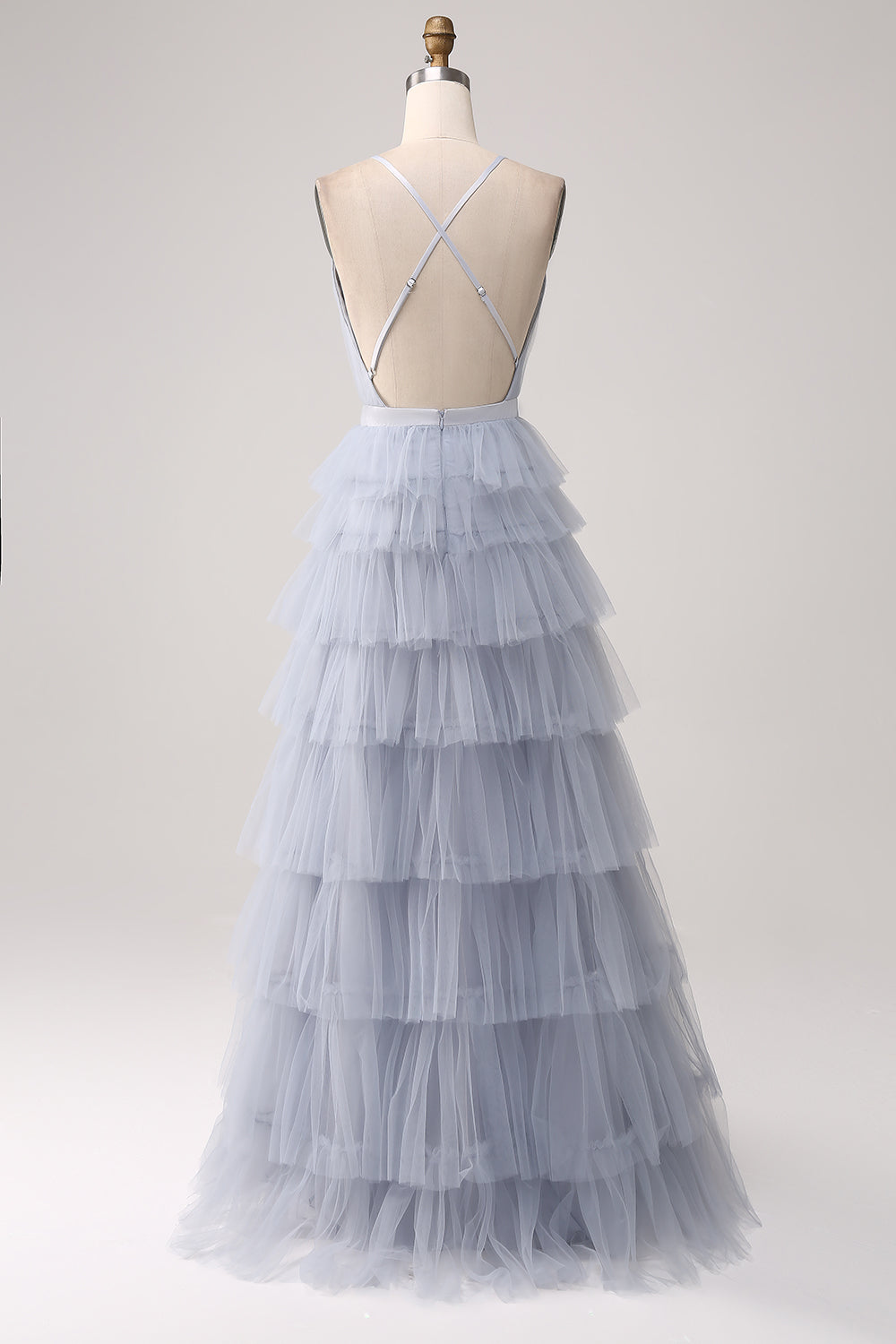 A Line Tiered Tulle Backless Grey Blue Bridesmaid Dress