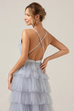 A Line Tiered Tulle Backless Grey Blue Bridesmaid Dress