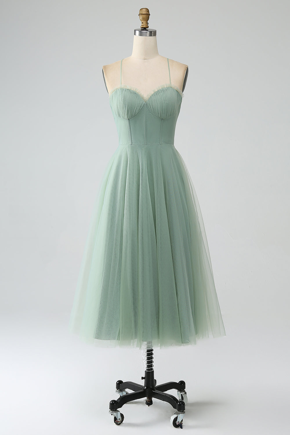 A-Line Matcha Tea-Length Spaghetti Straps Corset Tulle Bridesmaid Dress