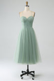 A-Line Matcha Tea-Length Spaghetti Straps Corset Tulle Bridesmaid Dress