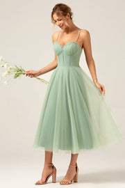 A-Line Matcha Tea-Length Spaghetti Straps Corset Tulle Bridesmaid Dress