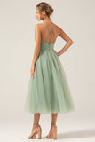 A-Line Matcha Tea-Length Spaghetti Straps Corset Tulle Bridesmaid Dress