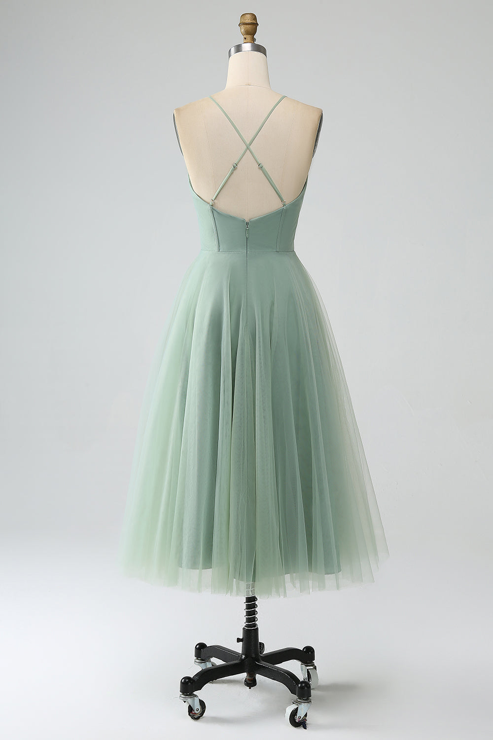A-Line Matcha Tea-Length Spaghetti Straps Corset Tulle Bridesmaid Dress