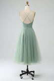 A-Line Matcha Tea-Length Spaghetti Straps Corset Tulle Bridesmaid Dress