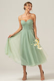 A-Line Matcha Tea-Length Spaghetti Straps Corset Tulle Bridesmaid Dress