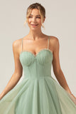 A-Line Matcha Tea-Length Spaghetti Straps Corset Tulle Bridesmaid Dress