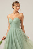 A-Line Matcha Tea-Length Spaghetti Straps Corset Tulle Bridesmaid Dress