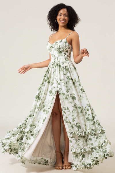 Green A-Line Spaghetti Straps Corset Floral Bridesmaid Dress With Slit Green A-Line Spaghetti Straps Corset Floral Bridesmaid Dress With Slit
