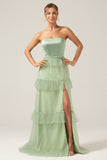 Matcha A-Line Strapless Tiered Long Bridesmaid Dress with Slit