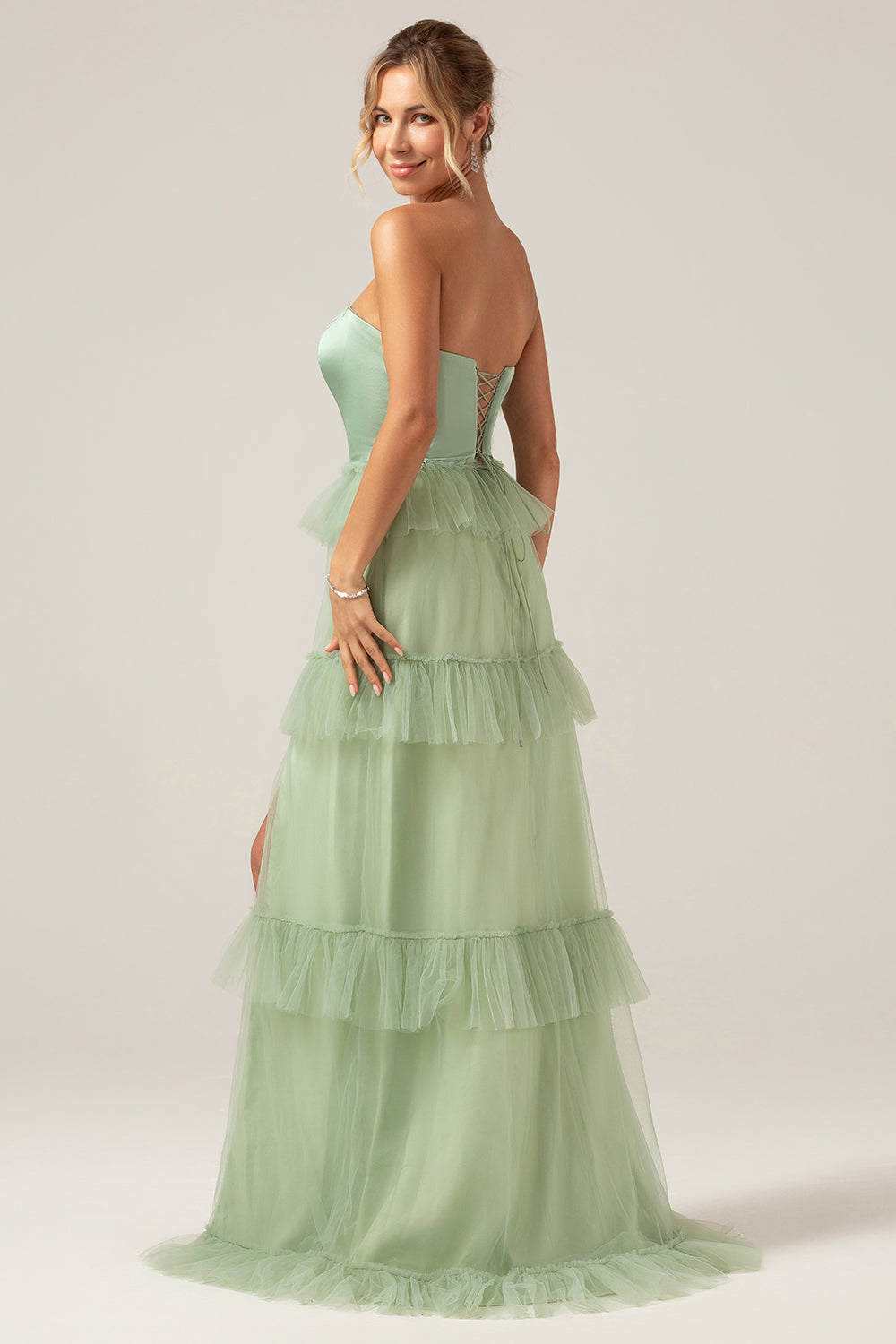 Matcha A-Line Strapless Tiered Long Bridesmaid Dress with Slit