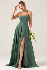 Eucalyptus A-Line Backless Chiffon Spaghetti Straps Long Bridesmaid Dress