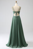 Eucalyptus A-Line Backless Chiffon Spaghetti Straps Long Bridesmaid Dress