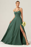 Eucalyptus A-Line Backless Chiffon Spaghetti Straps Long Bridesmaid Dress