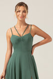 Eucalyptus A-Line Backless Chiffon Spaghetti Straps Long Bridesmaid Dress
