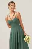 Eucalyptus A-Line Backless Chiffon Spaghetti Straps Long Bridesmaid Dress