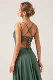 Eucalyptus A-Line Backless Chiffon Spaghetti Straps Long Bridesmaid Dress