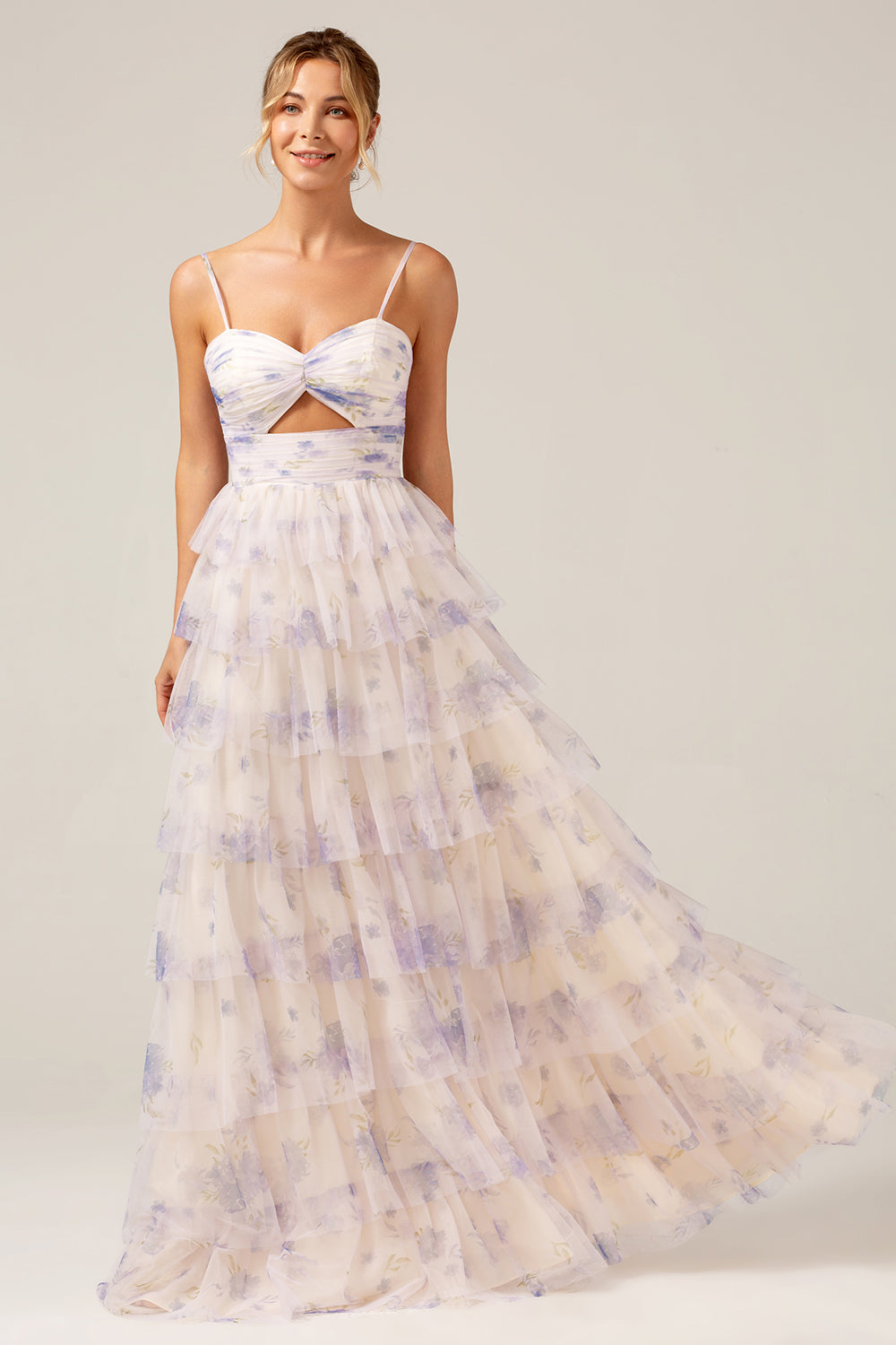 Lavender Flower Print Tiered Princess Prom Dress with Hollow-out