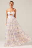 Lavender Flower Print Tiered Princess Prom Dress with Hollow-out
