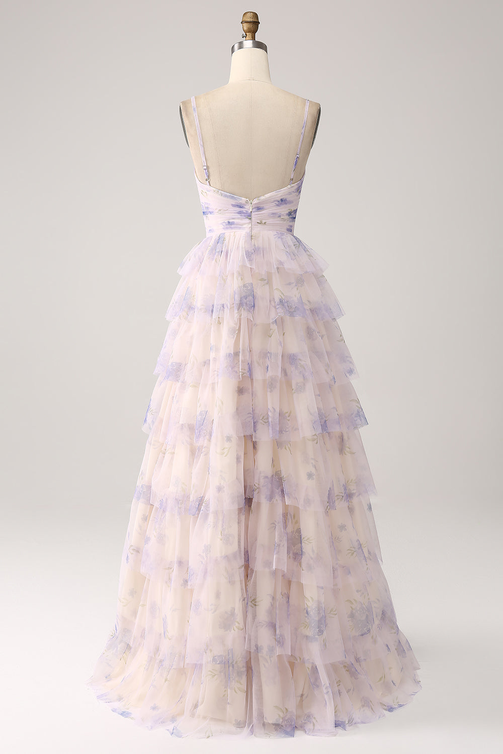 Lavender Flower Print Tiered Princess Prom Dress with Hollow-out