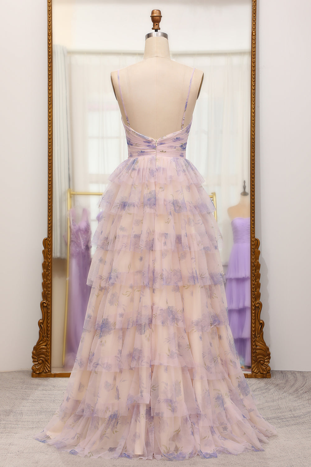 Lavender Flower Print Tiered Princess Prom Dress with Hollow-out