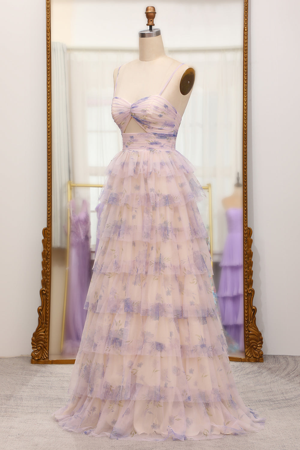 Lavender Flower Print Tiered Princess Prom Dress with Hollow-out