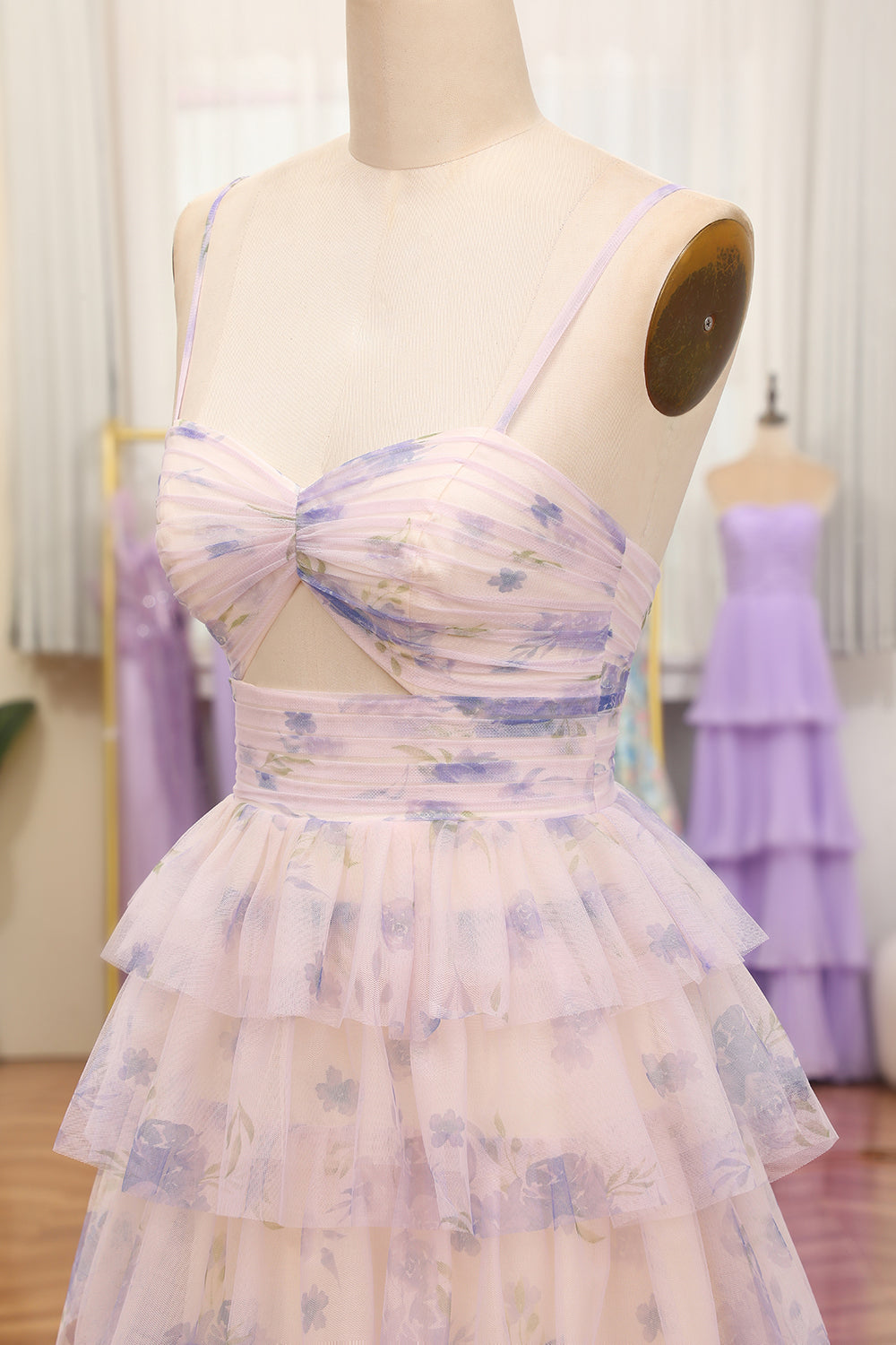 Lavender Flower Print Tiered Princess Prom Dress with Hollow-out